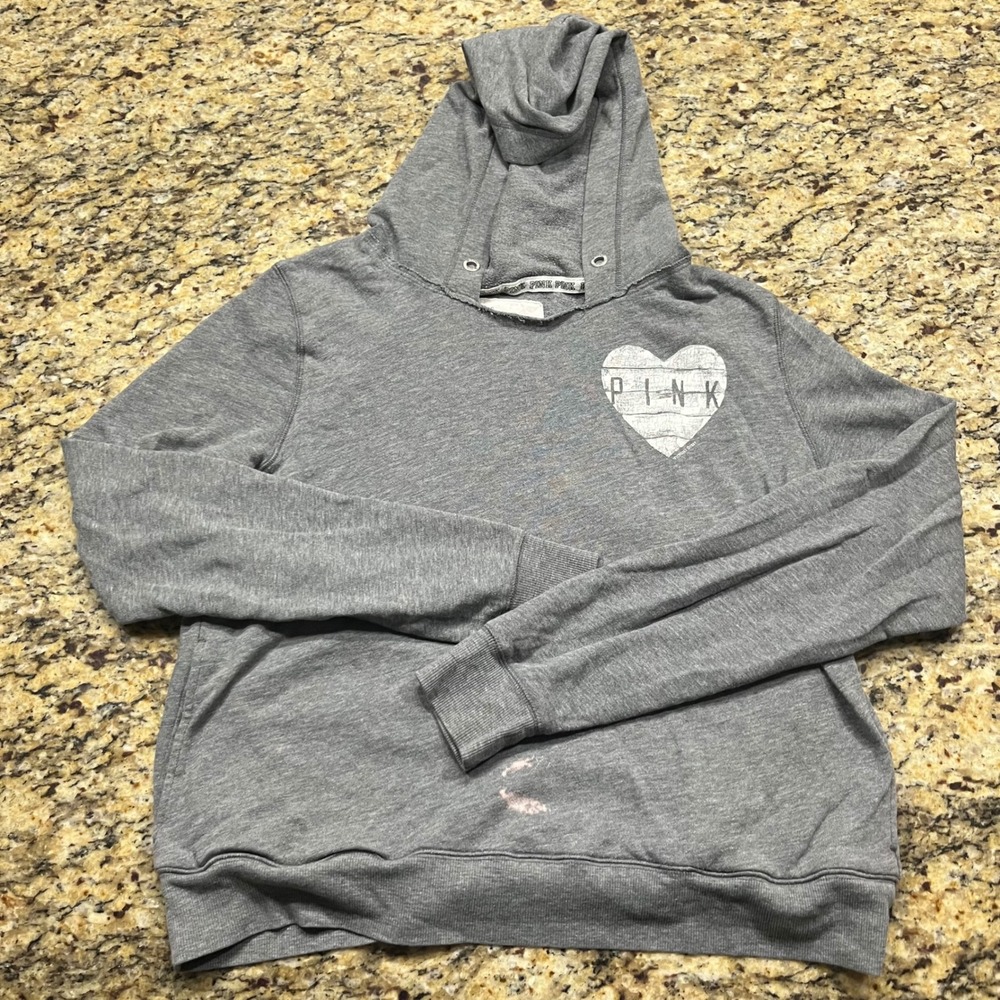 Victorias Secret PINK Hoodie Heather Gray Heart Logo Pullover Large Pocket